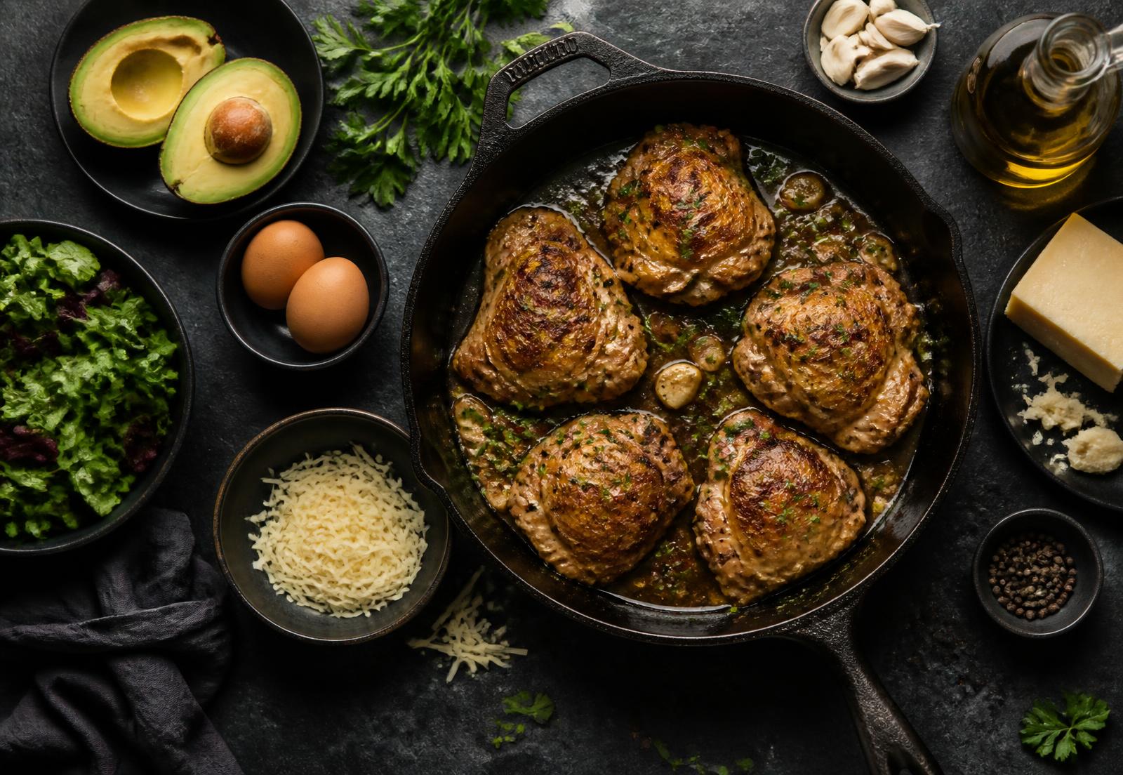 Keto skillet chicken with avocado, eggs and greens on a slate table